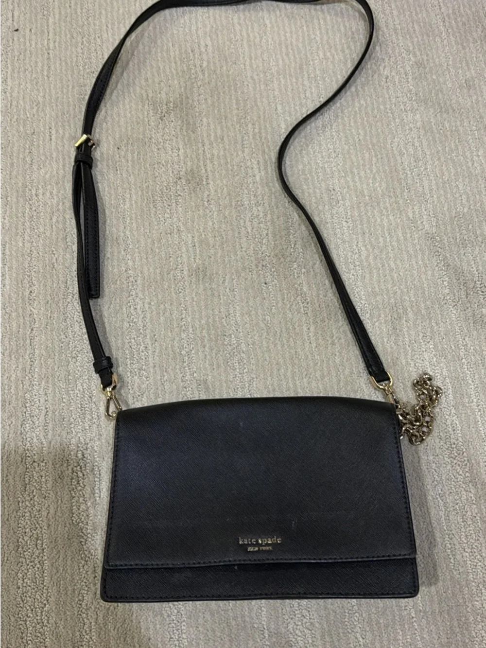 kate spade black leather crossbody with gold chain accents